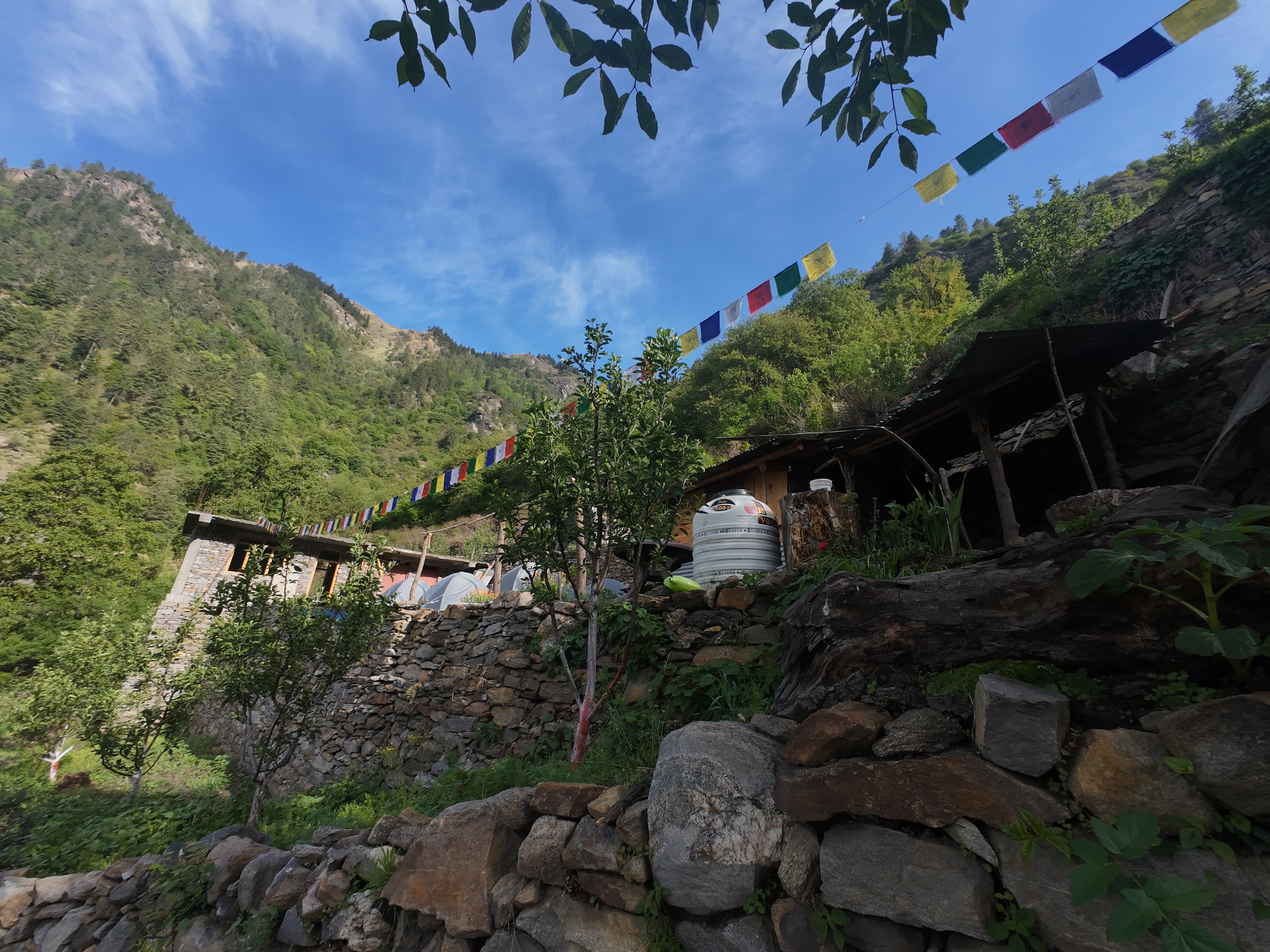 Yulla Khas homestay with prayer flags, stone walls and kitchen garden