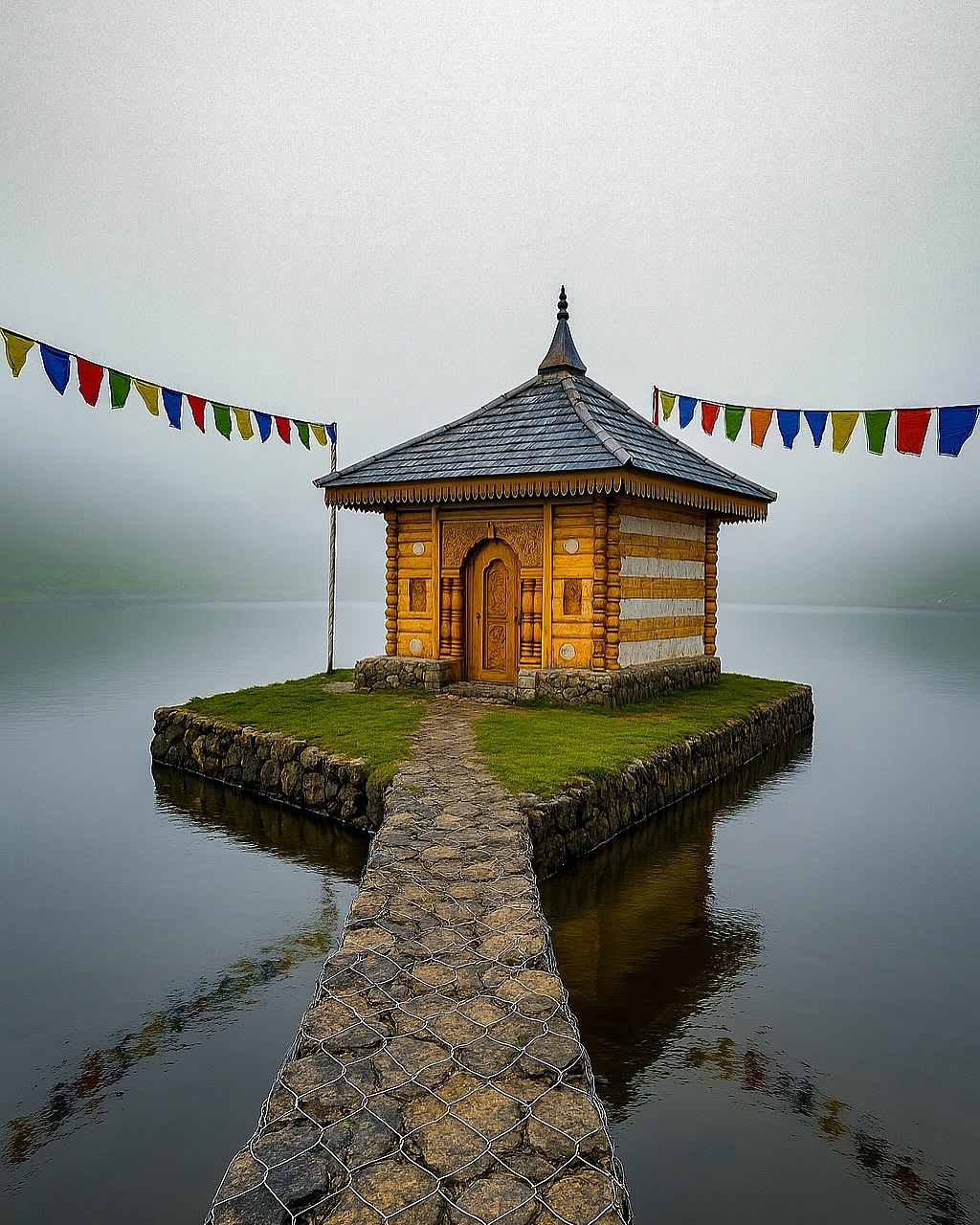 Yulla Kanda Krishna temple in morning mist on the sacred lake with prayer flags and stone causeway